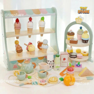 Bộ đồ chơi tiệc trà chiều kabi họa tiết xanh lá cho bé toystore FUDAER tiệc trà bánh cho bé bằng gỗ cao cấp