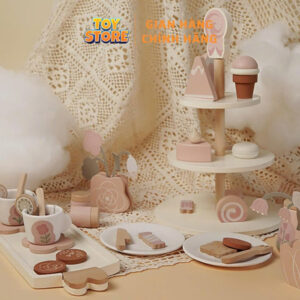 Bộ đồ chơi tiệc trà bánh gỗ họa tiết hồng nâu gserin cao cấp toystore FUDAER