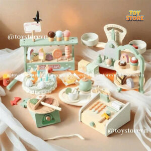 Bộ đồ chơi tiệc trà chiều bánh onshine họa tiết xanh lá cho bé toystore FUDAER tiệc trà bánh cho bé bằng gỗ cao cấp