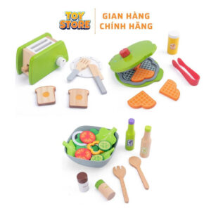Bộ đồ chơi nấu ăn họa tiết xanh lá bàng gỗ cao cấp cho bé bằng gỗ FUDAER đồ chơi nướng bánh mì, salad bằng gỗ