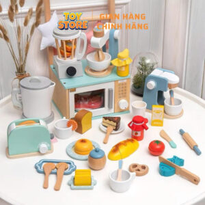 Bộ đồ chơi nấu ăn gỗ hoạ tiết xanh ghi toystore FUDAER set máy làm bánh, cà phê, sinh tố cho bé