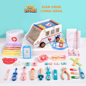 Bộ đồ chơi xe cứu thương, bác sĩ bằng gỗ cỡ lớn toystore FUDAER xe bác sĩ cất gọn dễ thương cho bé